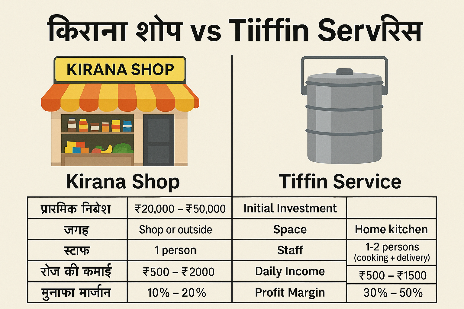 किराना शॉप vs टिफिन सर्विस – कौन सा बिजनेस फायदेमंद है? Kirana Shop vs Tiffin Service – Which Business is More Profitable?